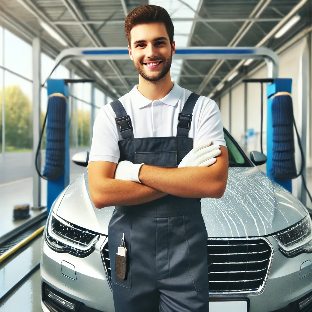 DALL·E 2025-02-21 16.42.41 - A realistic image of a car wash worker standing confidently in front of a clean, shiny car with arms crossed. The worker is wearing a uniform with glo